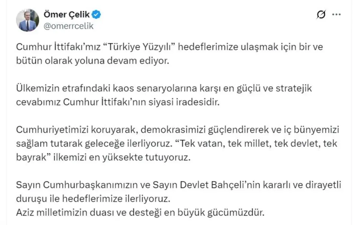 Ömer Çelik: Cumhur İttifakı Türkiye Yüzyılı Hedefleri İçin Birlikte İlerliyor